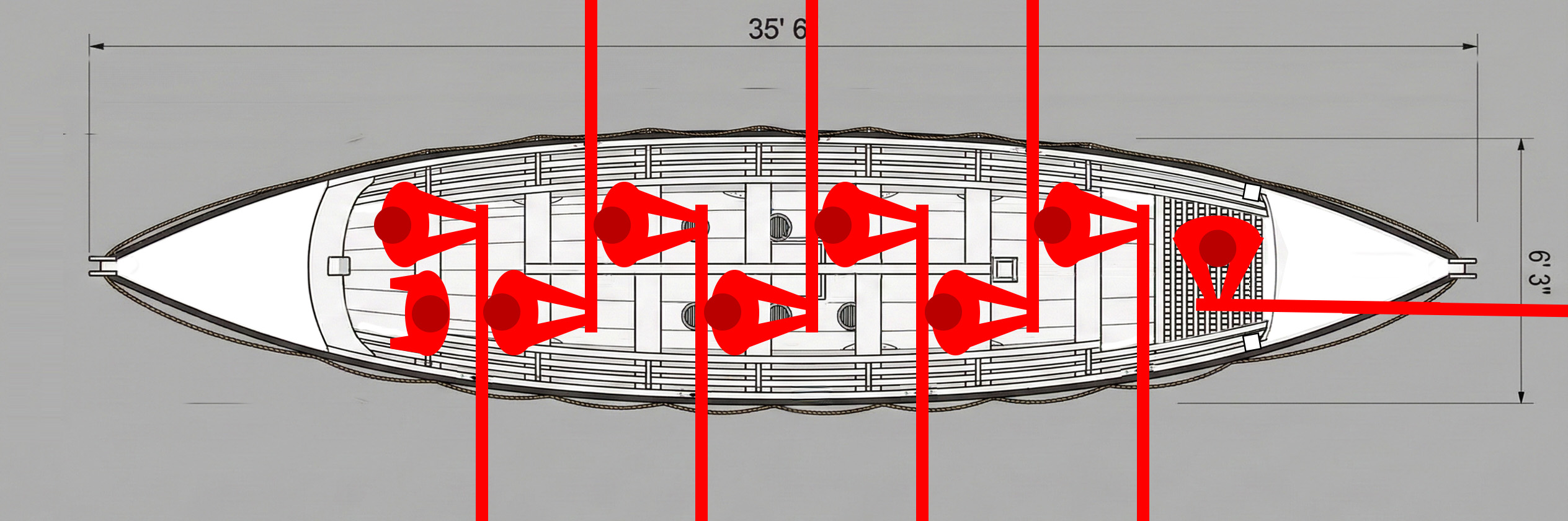 Top-down diagram of Alexandra lifeboat showing rowing positions