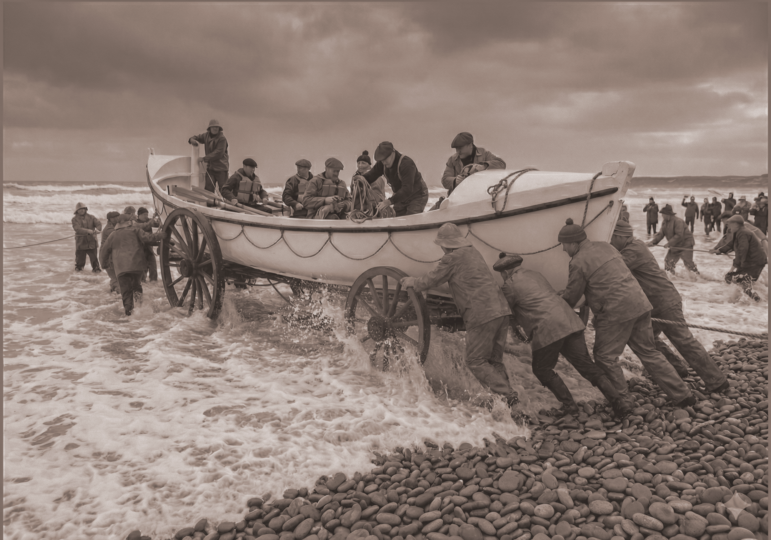 Community volunteers pushing the Alexandra lifeboat on its wheeled carriage into the surf at Caroline Bay, Timaru, circa 1880s