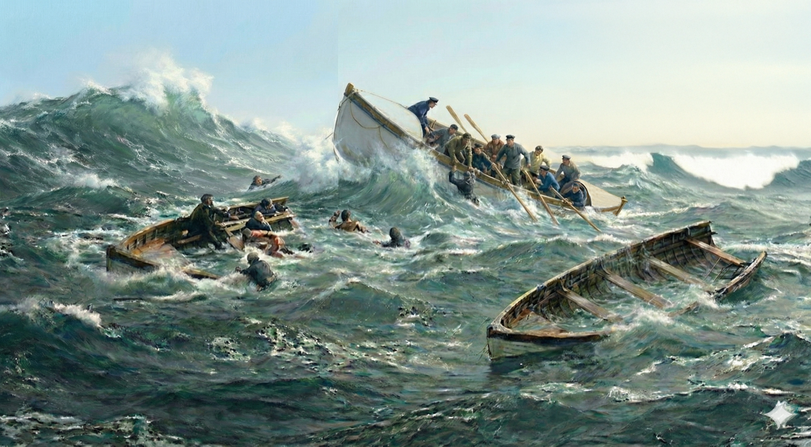 Dramatic artistic rendering of a lifeboat rescue operation in mountainous seas with crew pulling survivors from the water amid wreckage and heavy waves, depicting conditions like those on Black Sunday 1882