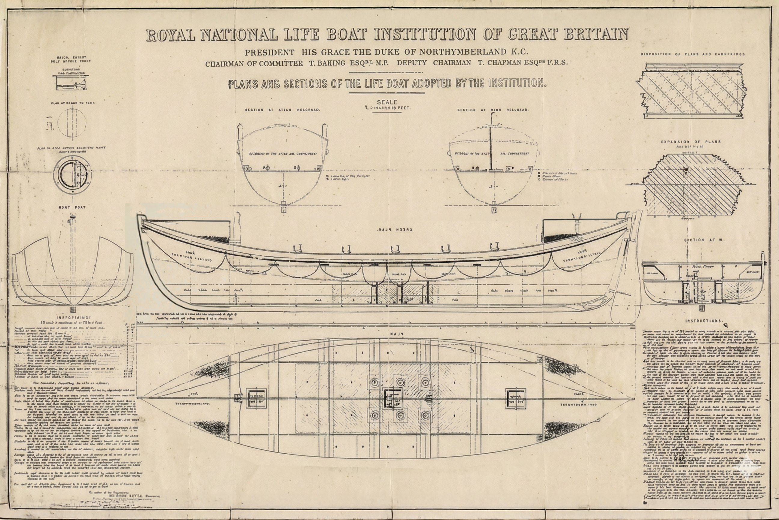 Royal National Life Boat Institution official engineering plans and sections of the self-righting lifeboat design adopted by the Institution, showing technical specifications