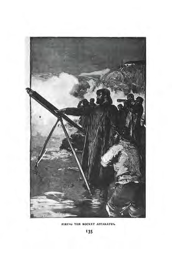 Historical photograph showing rocket apparatus being fired